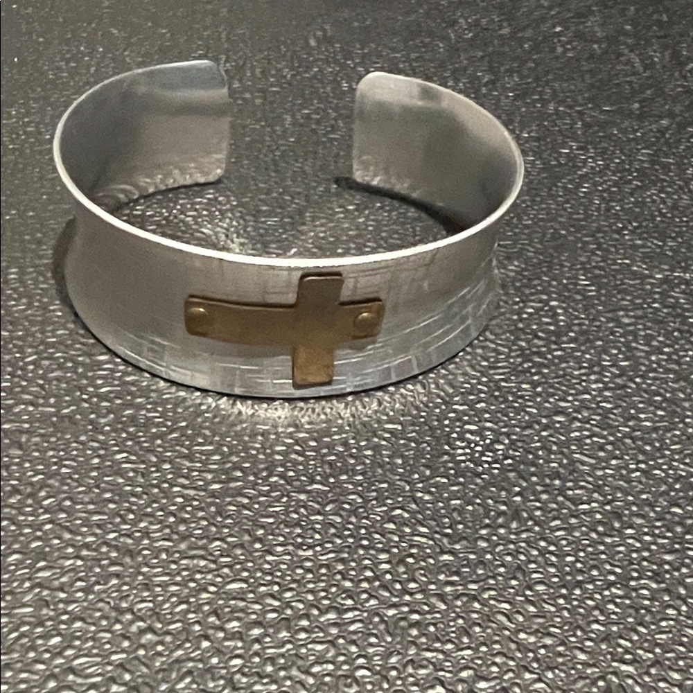 Silver Cuff Bracelet with Gold Cross